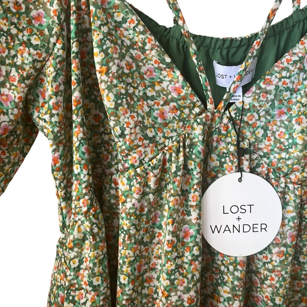 NWT Lost + Wander Wild Poppies Babydoll Mini Dress Green Floral Size Small - Picture 5 of 10